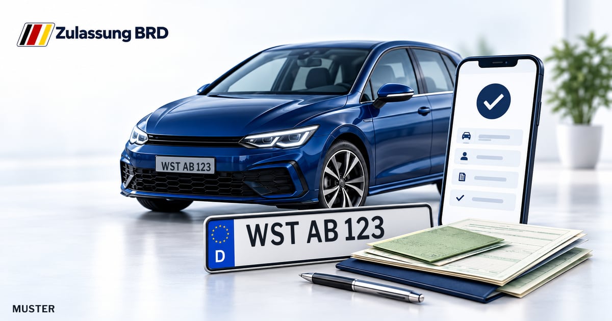 Online Fahrzeugzulassung in Westerstede: Musterkennzeichen WST AB 123, Auto und Fahrzeugpapiere und Smartphone. Illustration mit Logo von Zulassung BRD.